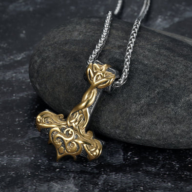 Handcrafted Stainless Steel Dual Color Ornate Thor's Hammer Necklace