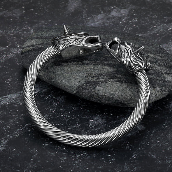 Handcrafted Stainless Steel Large Wolf Head Torc Bracelet