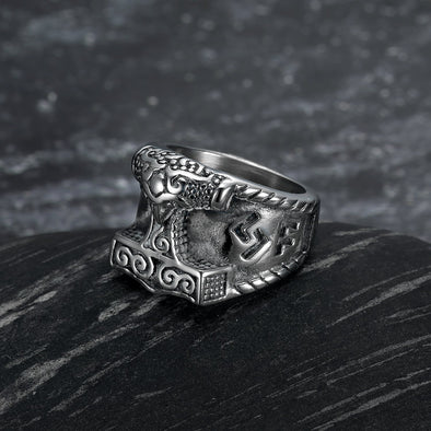 Handcrafted Stainless Steel Thor's Hammer and Rune Ring