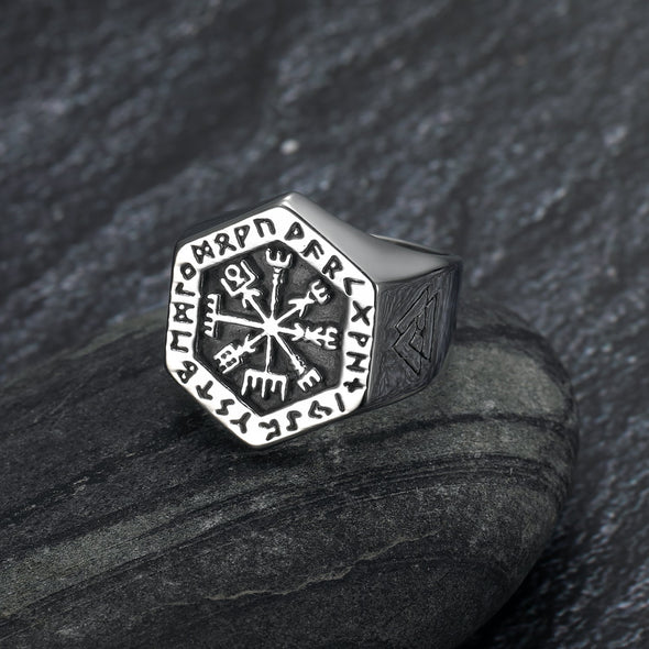 Handcrafted Stainless Steel Hexagonal Vegvisir & Valknut Rune Ring