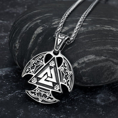 Circular Handcrafted Stainless Steel Valknut Axe Head Pendant