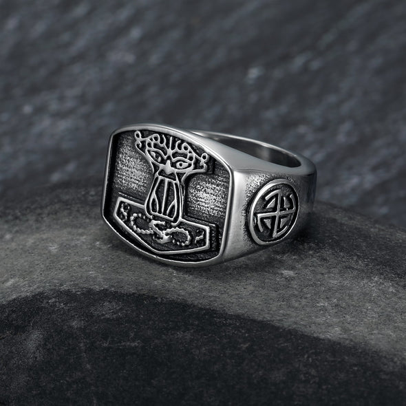 Handcrafted Stainless Steel 'Aged' Mjolnir Signet Ring