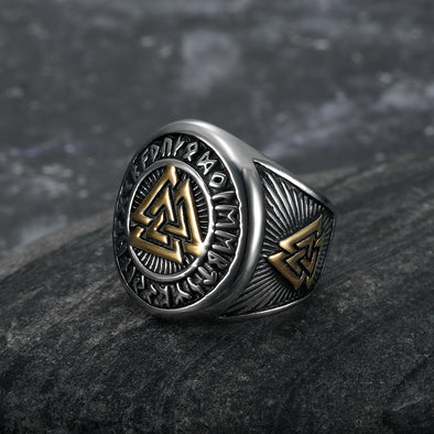 Handcrafted Stainless Steel Dual Color Valknut and Runes Ring