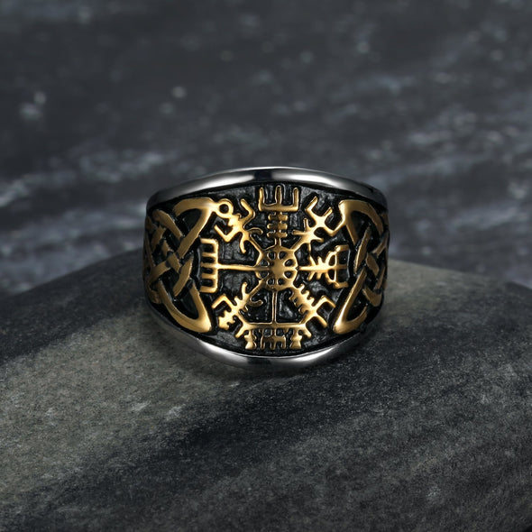 Dual Color Handcrafted Stainless Steel Vegvisir and Celtic Knot Ring