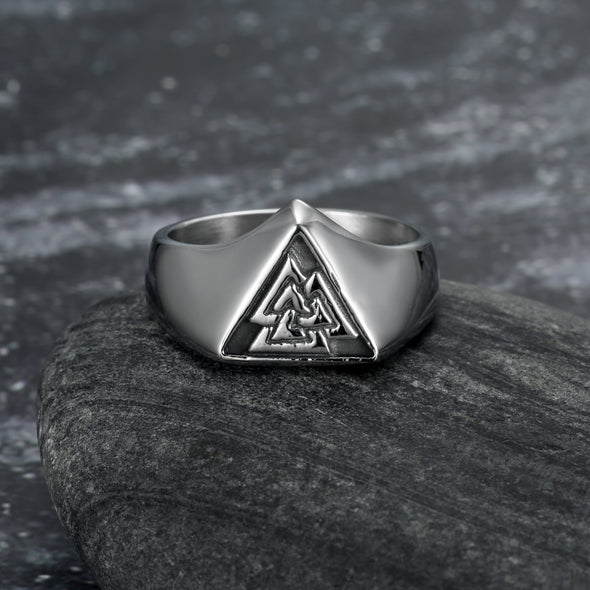 Handcrafted Stainless Steel Triangular Valknut Ring