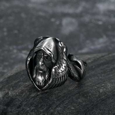 Handcrafted Stainless Steel Viking Odin Ring With Raven and Wolf