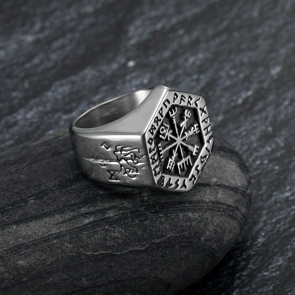 Handcrafted Stainless Steel Hexagonal Vegvisir & Valknut Rune Ring