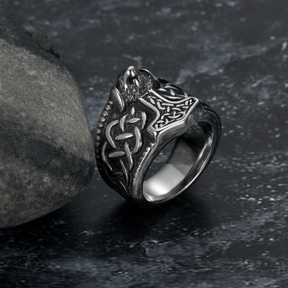 Handcrafted Stainless Steel Thor's Hammer and Celtic Knotwork Ring