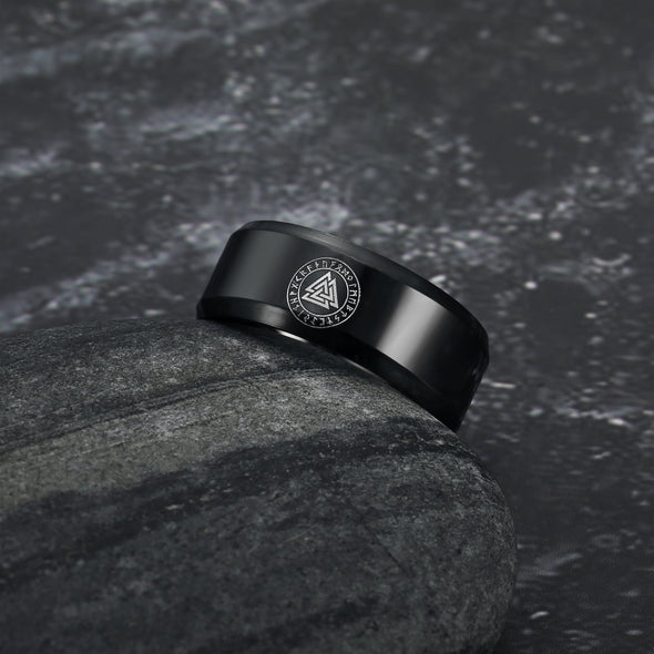 Black Handcrafted Stainless Steel Valknut and Rune Ring