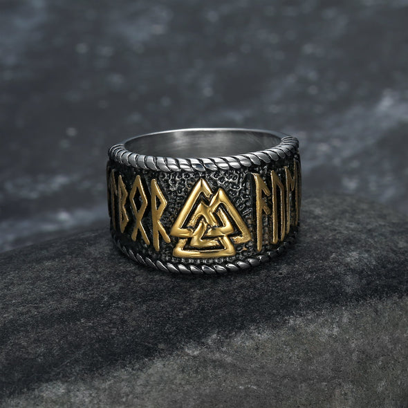 Handcrafted Stainless Steel Dual Color Valknut and Rune Ring