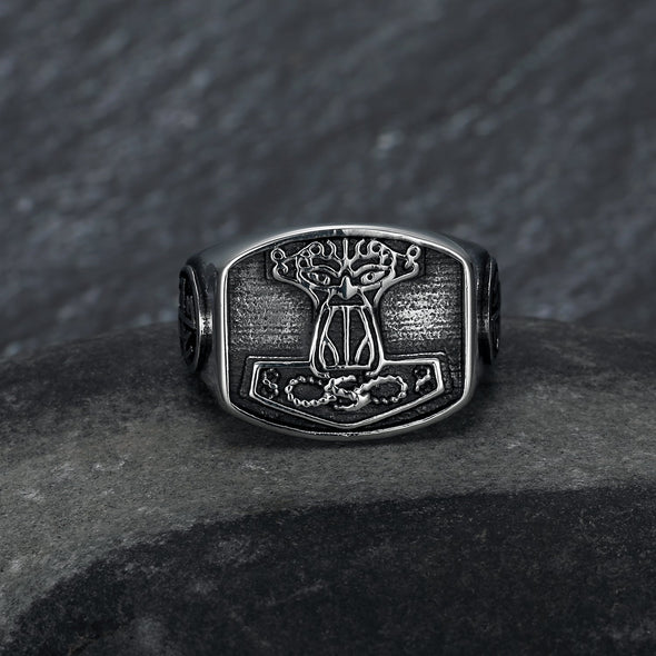 Handcrafted Stainless Steel 'Aged' Mjolnir Signet Ring