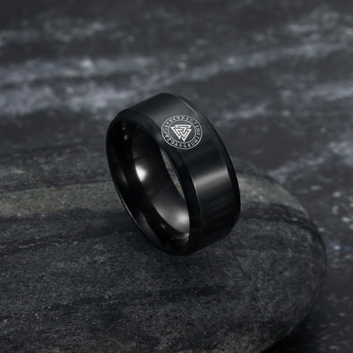 Black Handcrafted Stainless Steel Valknut and Rune Ring