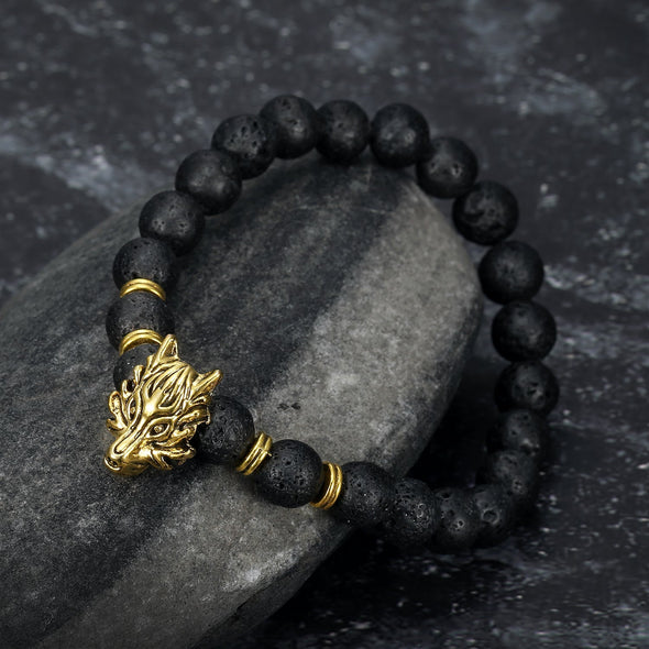 Wolf Head and Lava Stone Bracelet