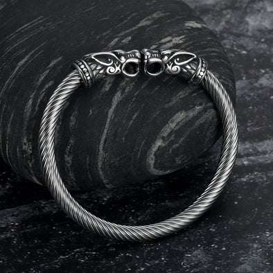 Handcrafted Stainless Steel Wolf Head Torc Bracelet