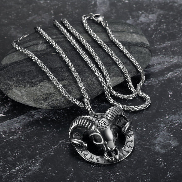 Handcrafted Stainless Steel Goat Head Necklace with Valknut and Runes