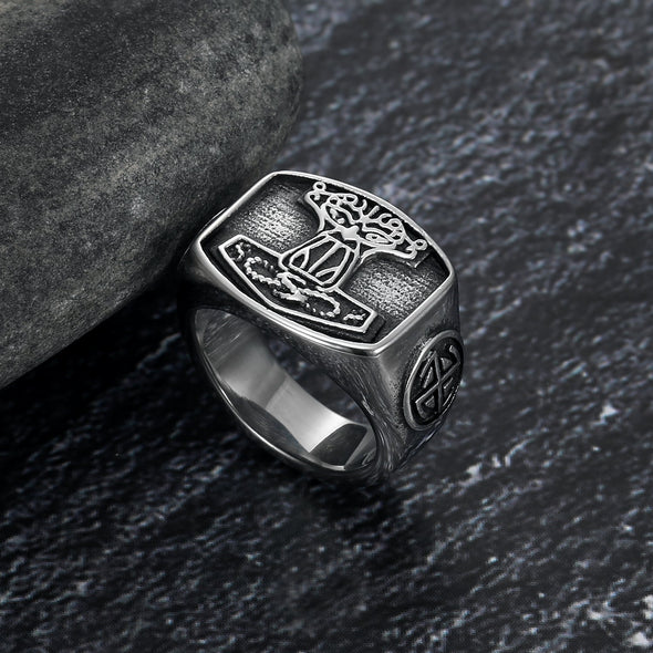 Handcrafted Stainless Steel 'Aged' Mjolnir Signet Ring