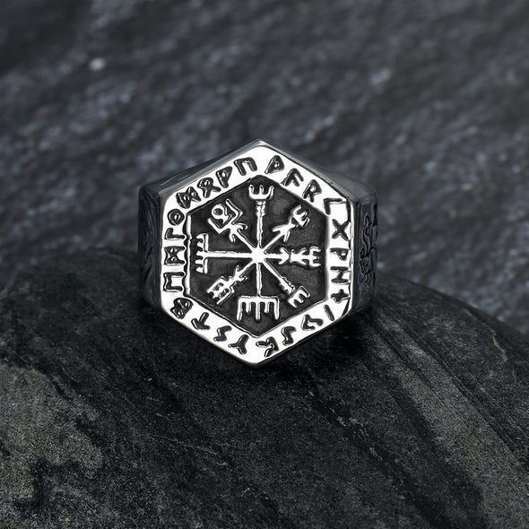 Handcrafted Stainless Steel Hexagonal Vegvisir & Valknut Rune Ring