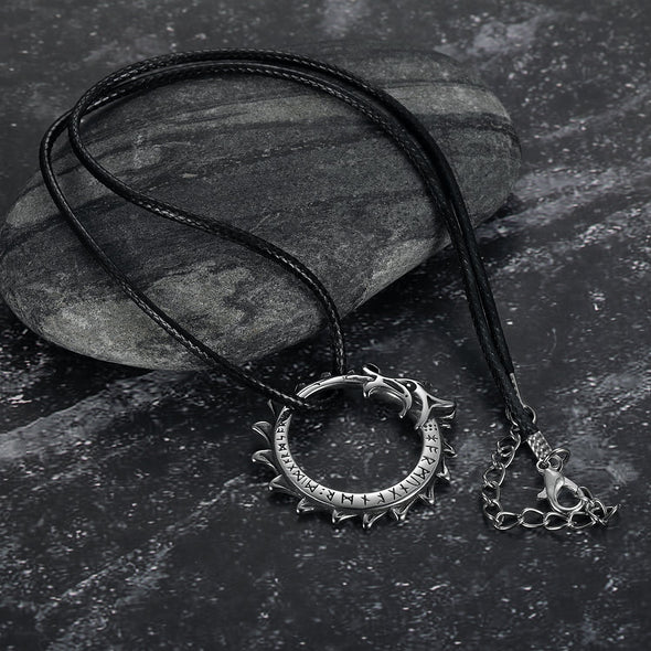 Handcrafted Stainless Steel Jormungand Serpent and Rune Necklace