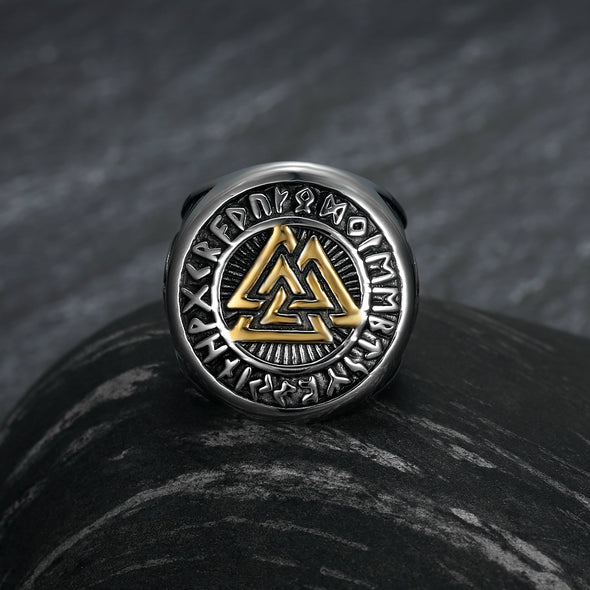 Handcrafted Stainless Steel Dual Color Valknut and Runes Ring