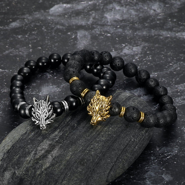 Wolf Head and Lava Stone Bracelet