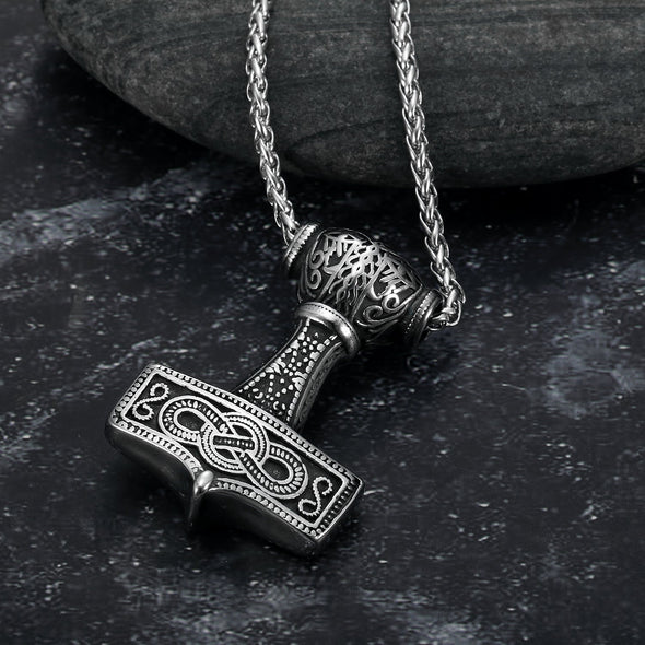 Handcrafted Stainless Steel Chunky Mjolnir Necklace With Celtic Scrolls