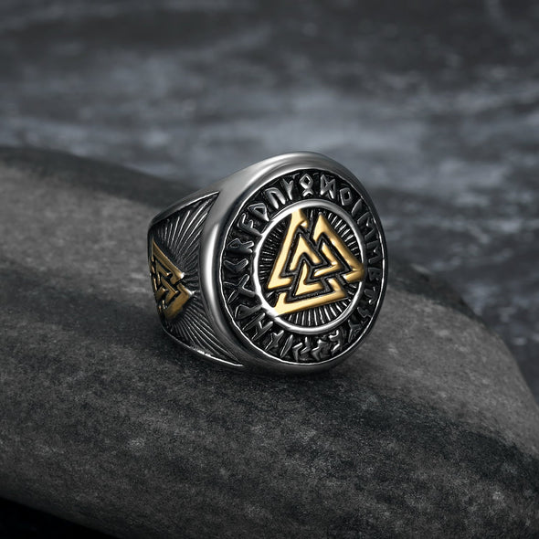 Handcrafted Stainless Steel Dual Color Valknut and Runes Ring