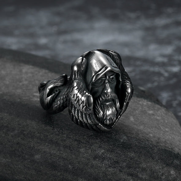 Handcrafted Stainless Steel Viking Odin Ring With Raven and Wolf