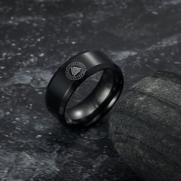 Black Handcrafted Stainless Steel Valknut and Rune Ring