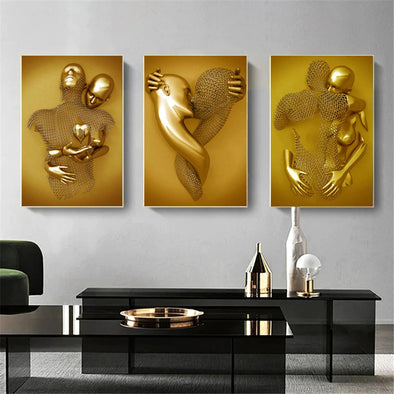 Aesthetic Room Decor Wall Picture Poster Golden Silver Hugging Couple Print Canvass Art Decor