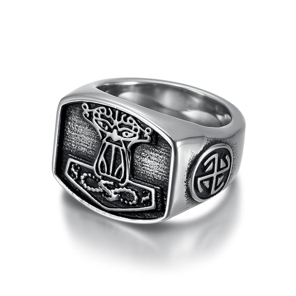 Handcrafted Stainless Steel 'Aged' Mjolnir Signet Ring