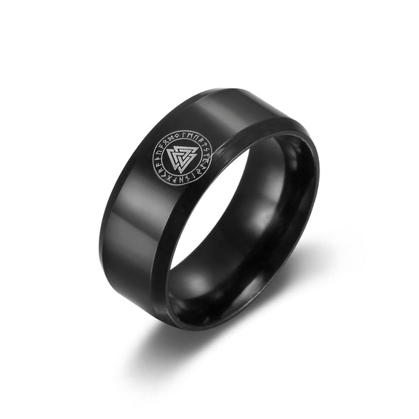 Black Handcrafted Stainless Steel Valknut and Rune Ring