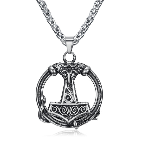 Handcrafted Stainless Steel Thor's Hammer Circular Necklace