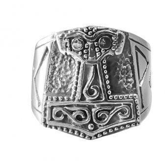 925 Sterling Silver Biker Ring With Mjolnir and Runes