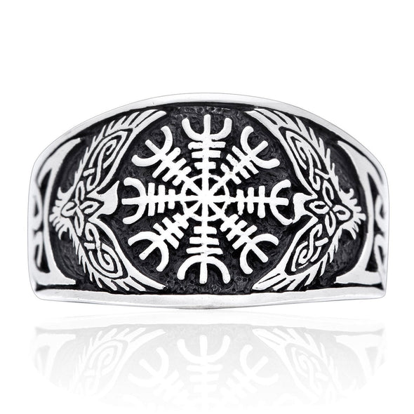 925 Sterling Silver Helm of Awe and Raven Ring