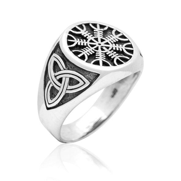 925 Sterling Silver Helm of Awe and Triquetra Ring