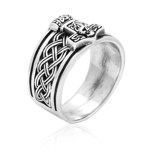 925 Sterling Silver Mjolnir, Celtic Knot and Skull Ring