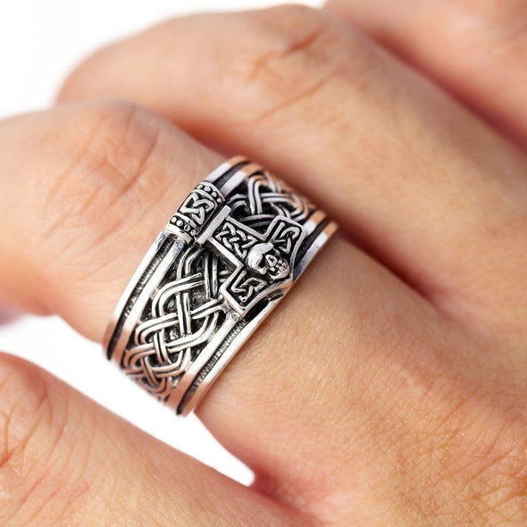 925 Sterling Silver Mjolnir, Celtic Knot and Skull Ring