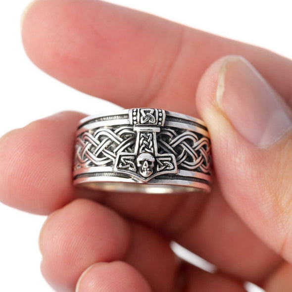 925 Sterling Silver Mjolnir, Celtic Knot and Skull Ring