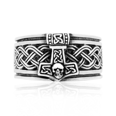 925 Sterling Silver Mjolnir, Celtic Knot and Skull Ring