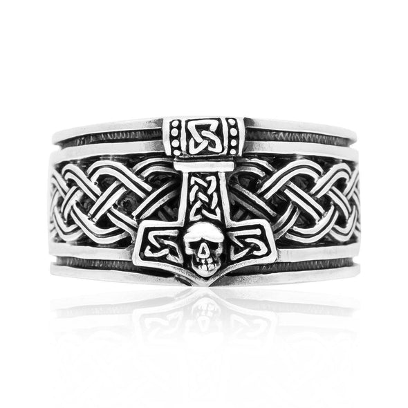 925 Sterling Silver Mjolnir, Celtic Knot and Skull Ring