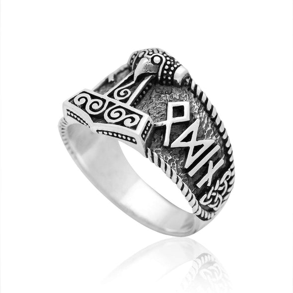 925 Sterling Silver Mjolnir and Hail Odin Runes Ring