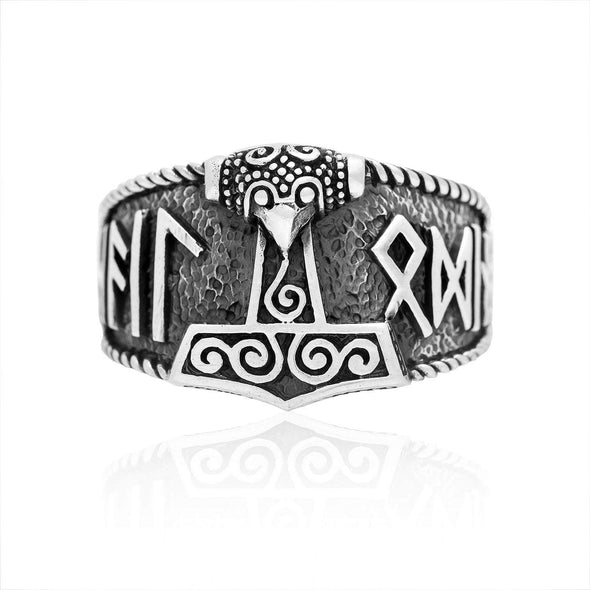 925 Sterling Silver Mjolnir and Hail Odin Runes Ring