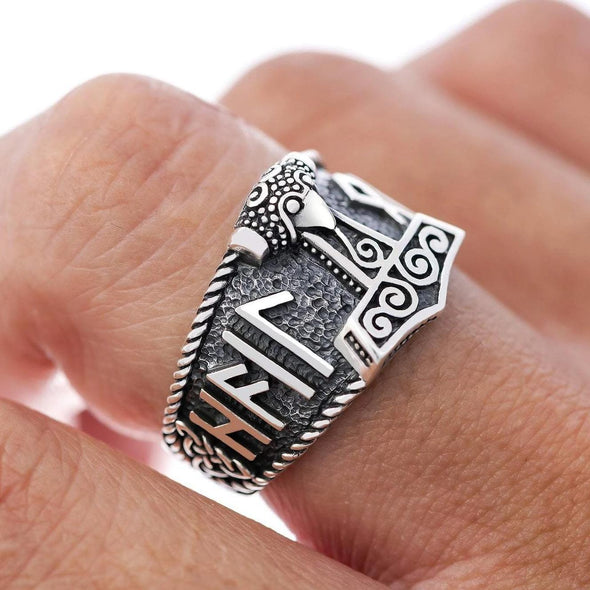 925 Sterling Silver Mjolnir and Hail Odin Runes Ring