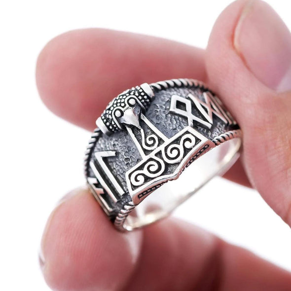 925 Sterling Silver Mjolnir and Hail Odin Runes Ring