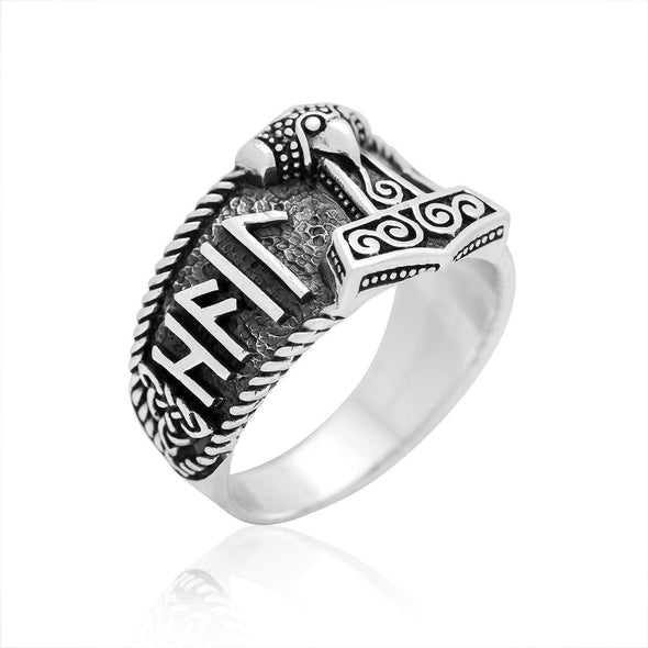 925 Sterling Silver Mjolnir and Hail Odin Runes Ring