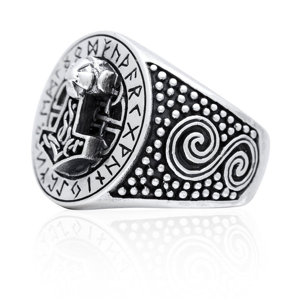 925 Sterling Silver Mjolnir and Runes Signet Ring