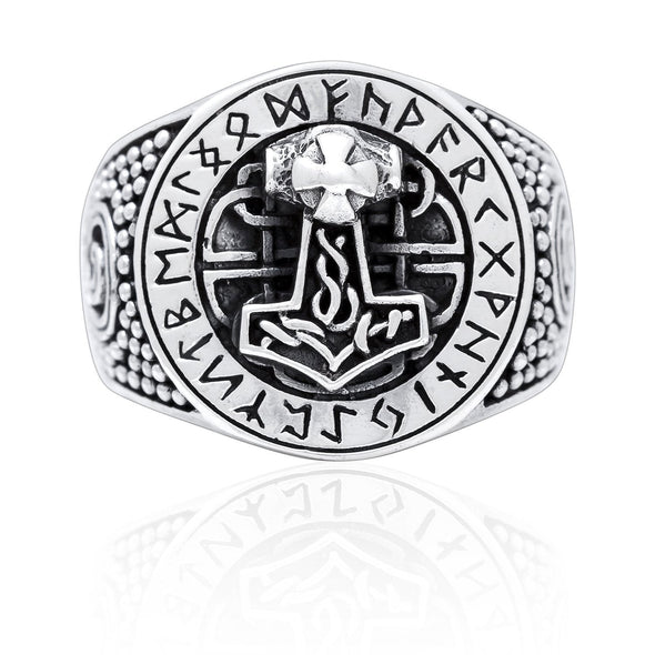 925 Sterling Silver Mjolnir and Runes Signet Ring