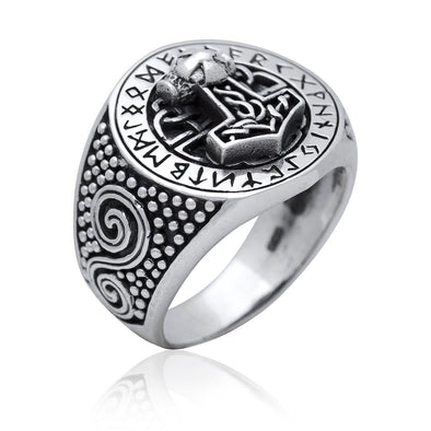 925 Sterling Silver Mjolnir and Runes Signet Ring