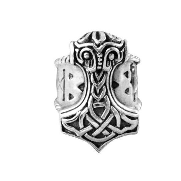 925 Sterling Silver Mjolnir and Runes Viking Ring