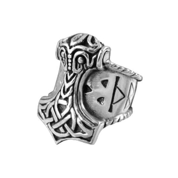 925 Sterling Silver Mjolnir and Runes Viking Ring